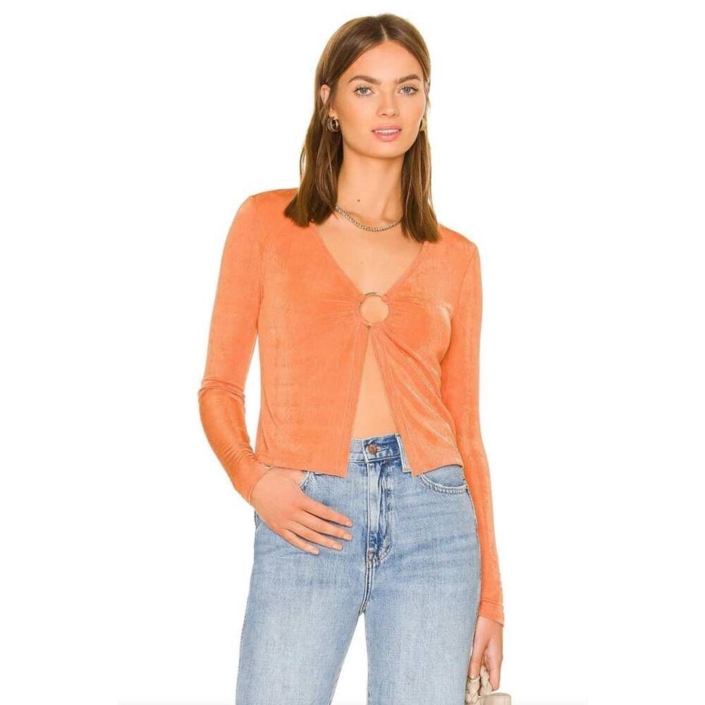 Superdown Clarissa O ring top Womens Stretch V-Neck Long Sleeve Tee Orange Mediu